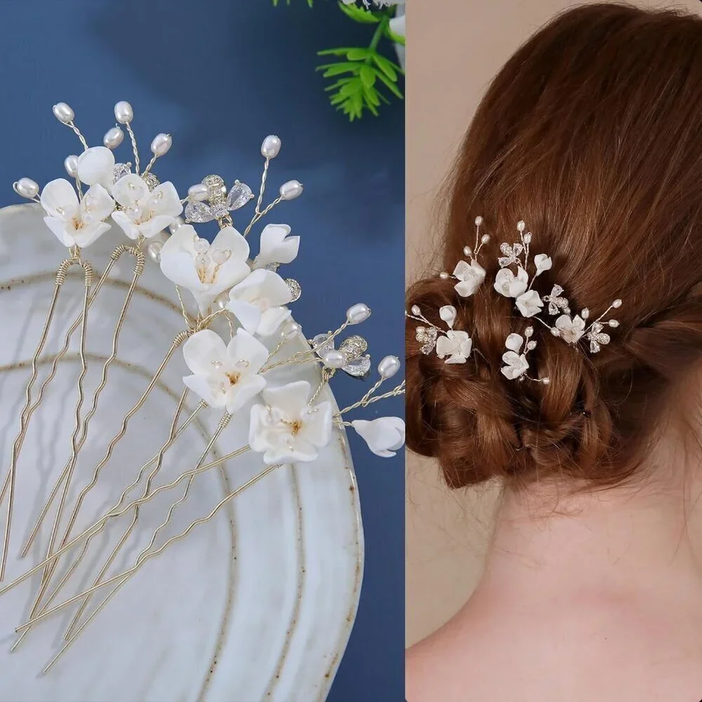Handmade Bridal Wedding Hair Pins 5Pcs White Flower Zircon Pearl Hair Clips Brid
